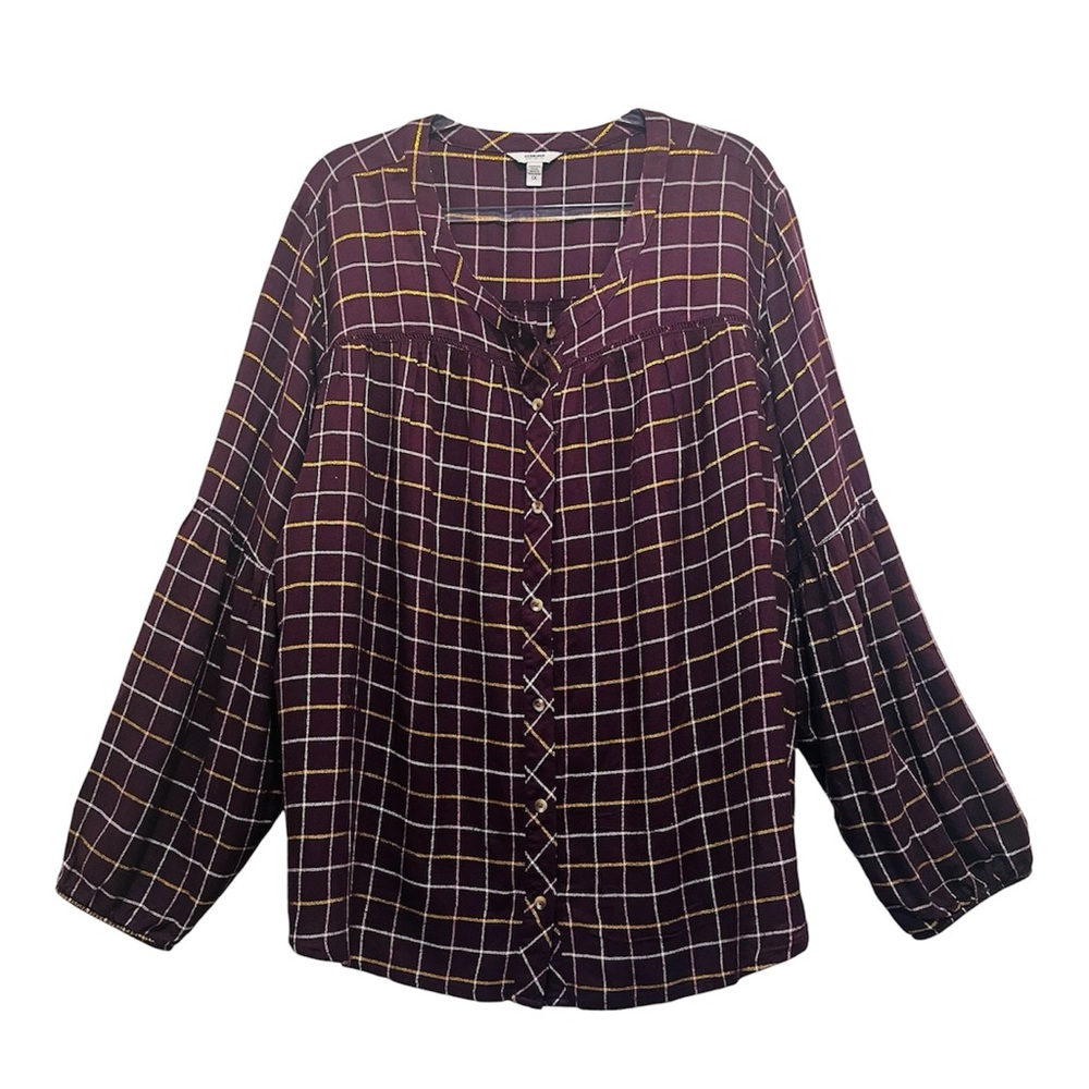 Burgundy Gold Plaid Sz 1X Casual Fall Cottagecore Balloon Sleeve Peasant Blouse